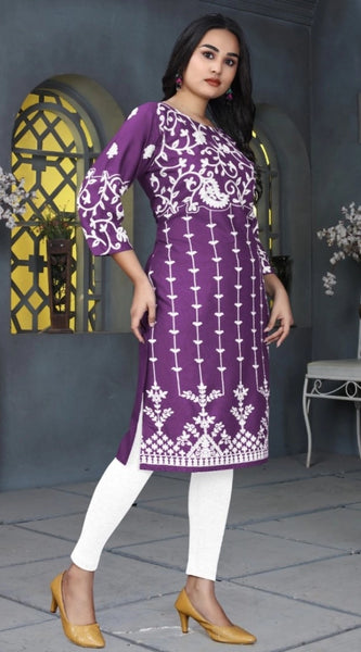 Mayawye Women's Rayon Printed Round Neck 3-4th Sleeve Kurti (Purple)