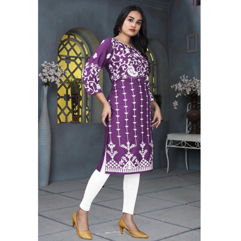 Mayawye Women's Rayon Printed Round Neck 3-4th Sleeve Kurti (Purple)