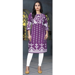 Mayawye Women's Rayon Printed Round Neck 3-4th Sleeve Kurti (Purple)