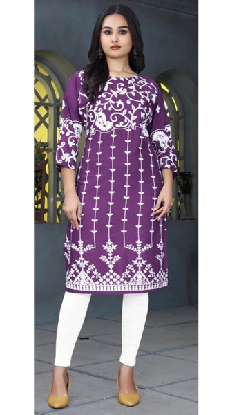 Mayawye Women's Rayon Printed Round Neck 3-4th Sleeve Kurti (Purple)