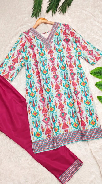 Mayawye Women's Rayon Printed V Neck 3-4th Sleeve Kurti With Pant Set (Pink)