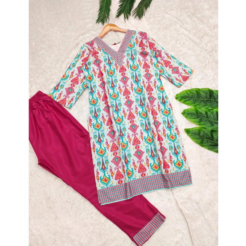 Mayawye Women's Rayon Printed V Neck 3-4th Sleeve Kurti With Pant Set (Pink)