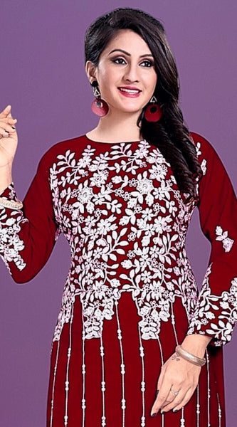 Mayawye Women's Rayon Printed Round Neck 3-4th Sleeve Kurti (Maroon)
