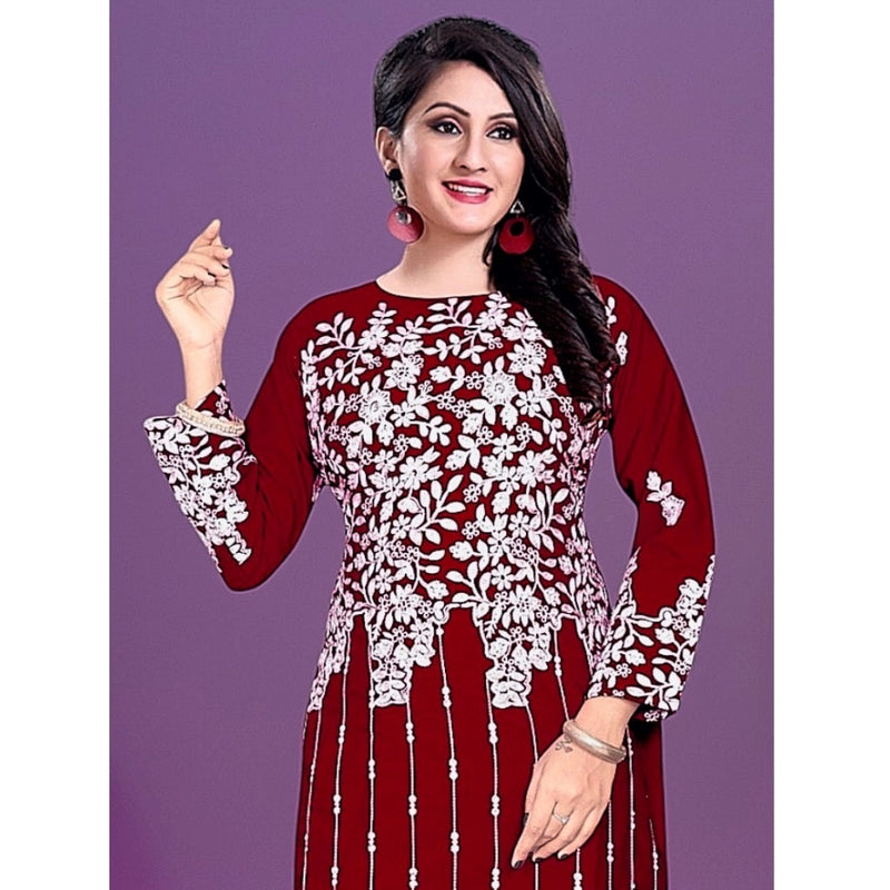 Mayawye Women's Rayon Printed Round Neck 3-4th Sleeve Kurti (Maroon)