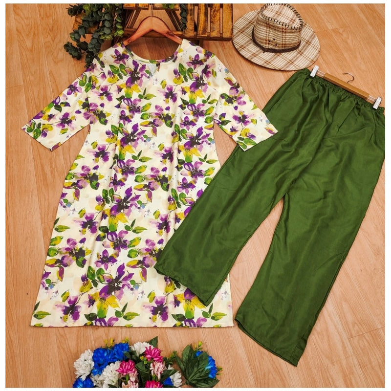Mayawye Women's Rayon Printed Round Neck 3-4th Sleeve Kurti With Pant Set (Green)