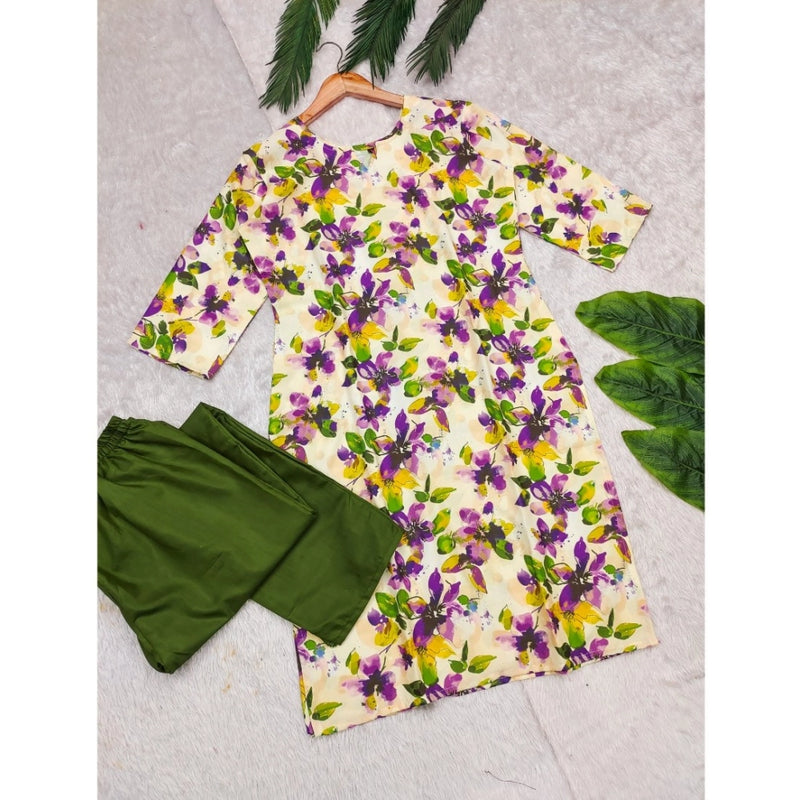 Mayawye Women's Rayon Printed Round Neck 3-4th Sleeve Kurti With Pant Set (Green)
