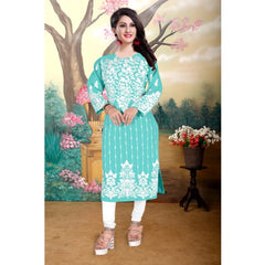 Mayawye Women's Georgette Printed Round Neck 3-4th Sleeve Kurti (Sky)