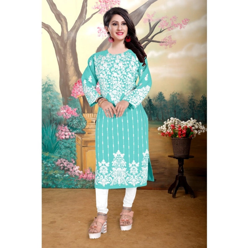 Mayawye Women's Georgette Printed Round Neck 3-4th Sleeve Kurti (Sky)