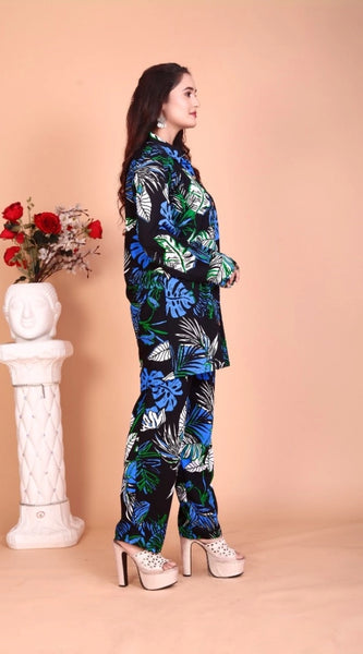 Mayawye Women's Rayon Printed Mandarin Collar Full Sleeve Co Ord Set (Black)