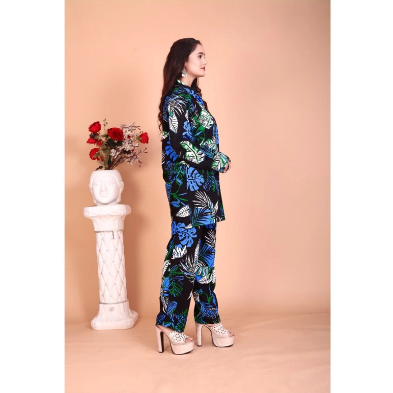Mayawye Women's Rayon Printed Mandarin Collar Full Sleeve Co Ord Set (Black)