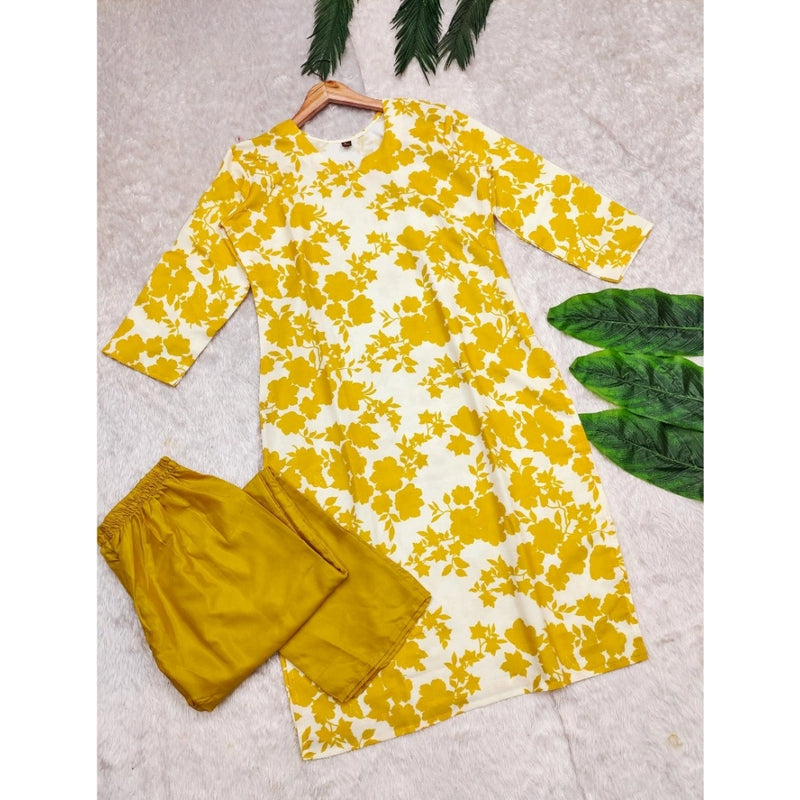 Mayawye Women's Rayon Printed Round Neck 3-4th Sleeve Kurti With Pant Set (Yellow)