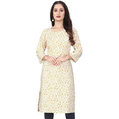 Mayawye Women's Rayon Printed Round Neck 3-4th Sleeve Kurti (White)