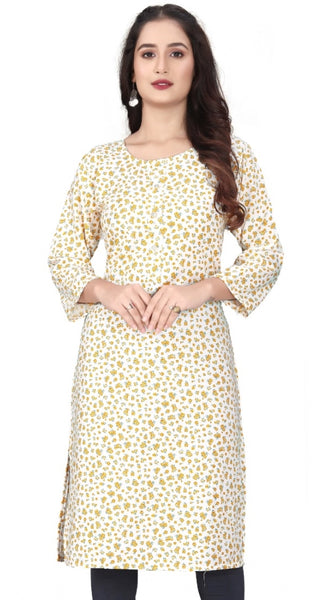 Mayawye Women's Rayon Printed Round Neck 3-4th Sleeve Kurti (White)