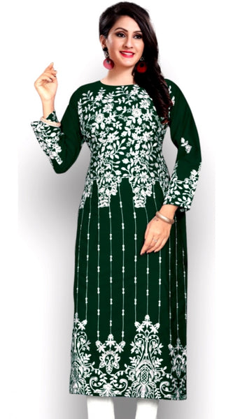 Mayawye Women's Georgette Printed Round Neck 3-4th Sleeve Kurti (Green)