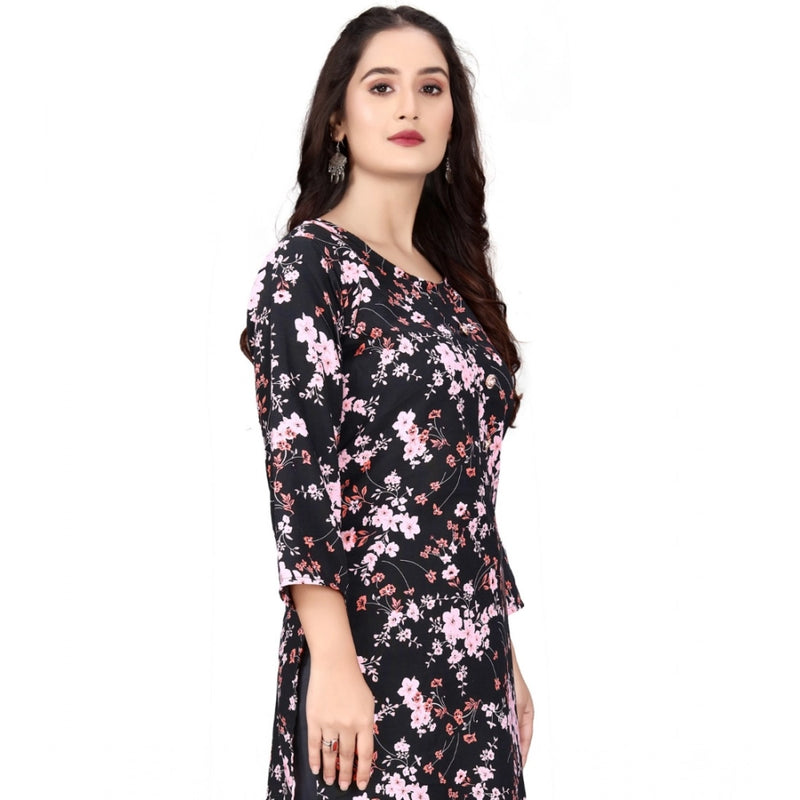 Mayawye Women's Rayon Printed Round Neck 3-4 th Sleeve Kurti (Black)