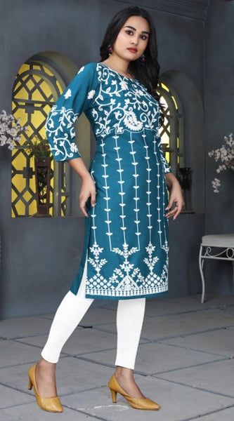 Mayawye Women's Rayon Printed Round Neck 3-4th Sleeve Kurti (Rama)