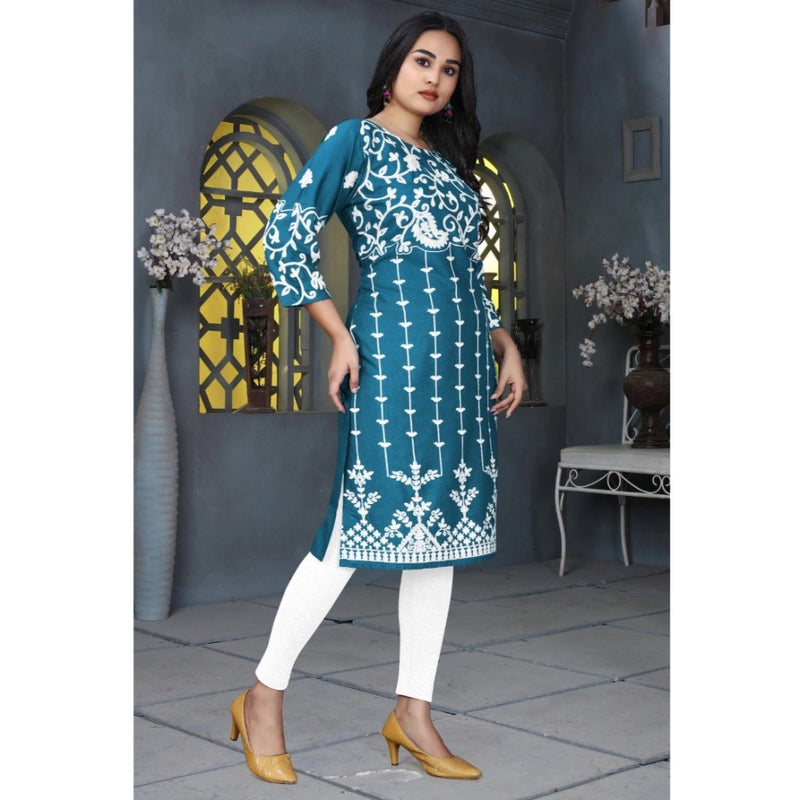 Mayawye Women's Rayon Printed Round Neck 3-4th Sleeve Kurti (Rama)