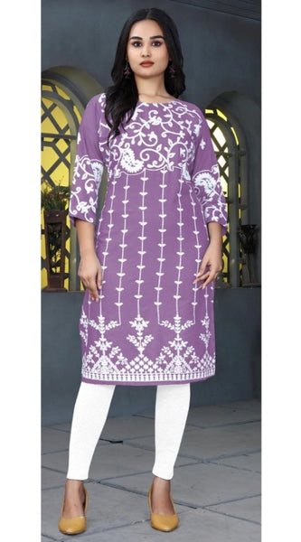 Mayawye Women's Rayon Printed Round Neck 3-4th Sleeve Kurti (Lavender)