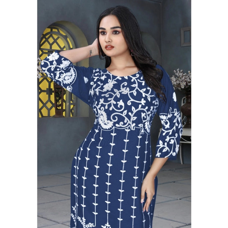 Mayawye Women's Rayon Printed Round Neck 3-4th Sleeve Kurti (Blue)