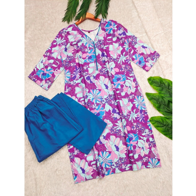 Mayawye Women's Rayon Printed V Neck 3-4th Sleeve Kurti With Pant Set (Purple)