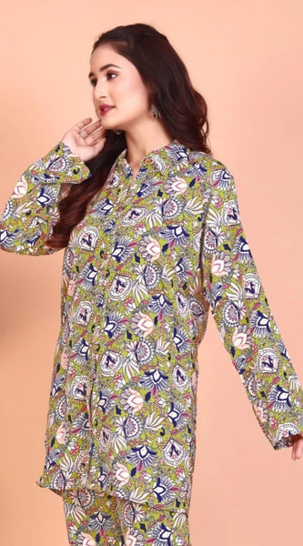 Mayawye Women's Rayon Printed Mandarin Collar Full Sleeve Co Ord Set (Green)
