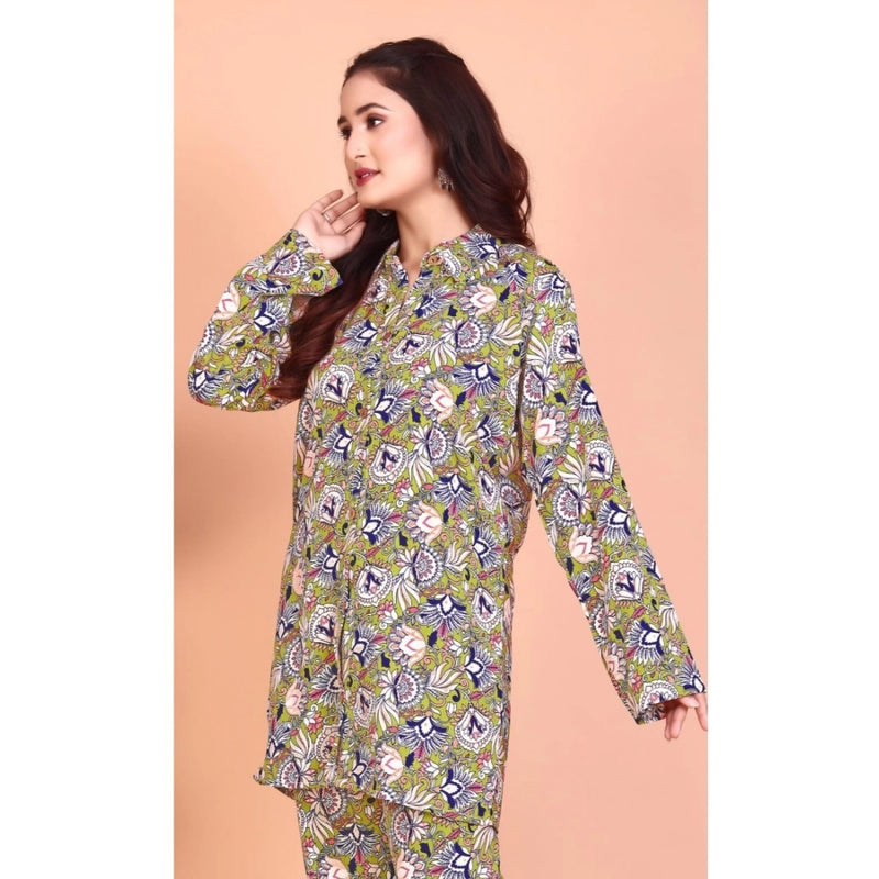 Mayawye Women's Rayon Printed Mandarin Collar Full Sleeve Co Ord Set (Green)