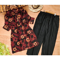 Mayawye Women's Muslin Printed Mandarin Collar 3-4 th Sleeve Kurti With Pant Set (Black)