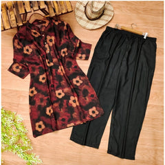 Mayawye Women's Muslin Printed Mandarin Collar 3-4 th Sleeve Kurti With Pant Set (Black)
