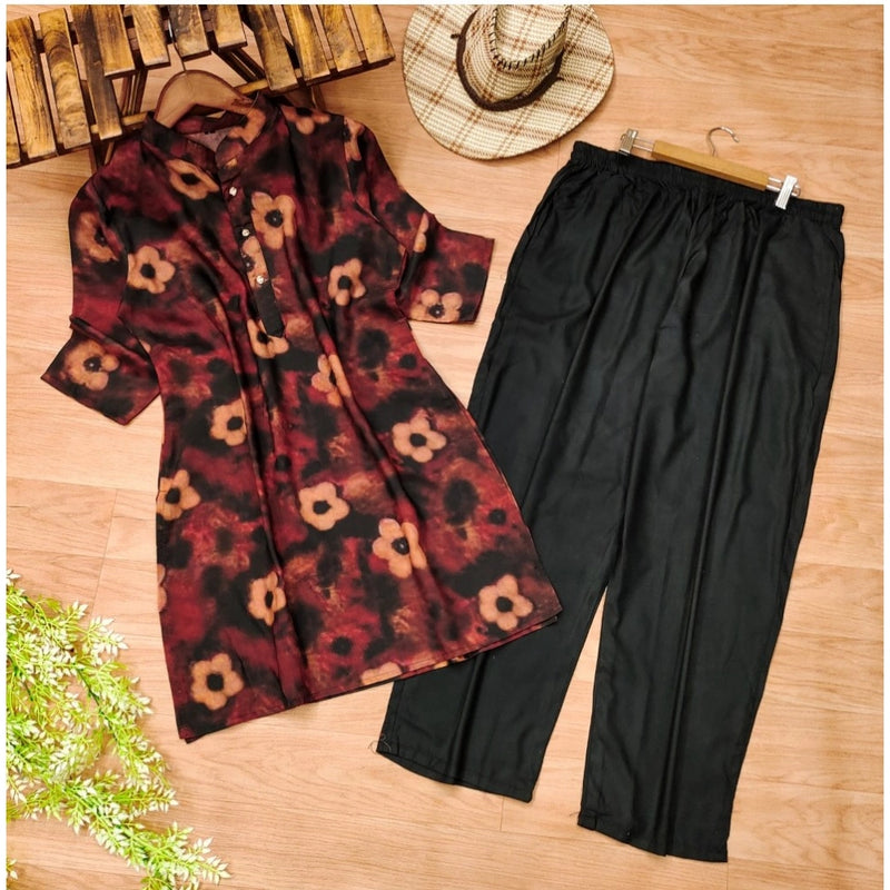 Mayawye Women's Muslin Printed Mandarin Collar 3-4 th Sleeve Kurti With Pant Set (Black)