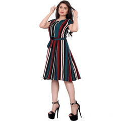 Mayawye Women's Crep Striped Short Sleeve Dress (Red-Blue )