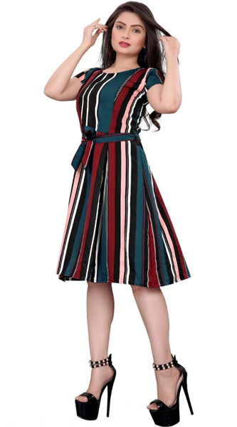 Mayawye Women's Crep Striped Short Sleeve Dress (Red-Blue )