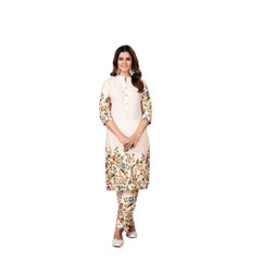 Mayawye Women's Cotton Printed 3/4th Sleeve Kurti With Pant (Cream )