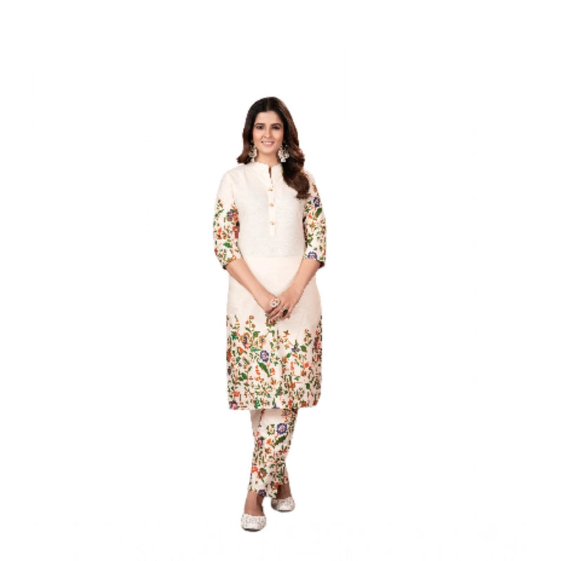 Mayawye Women's Cotton Printed 3/4th Sleeve Kurti With Pant (Cream )