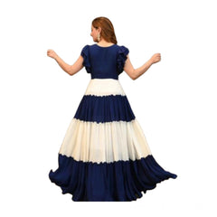 Mayawye Women's Georgette Solid Half Sleeve Gown (Blue-White)