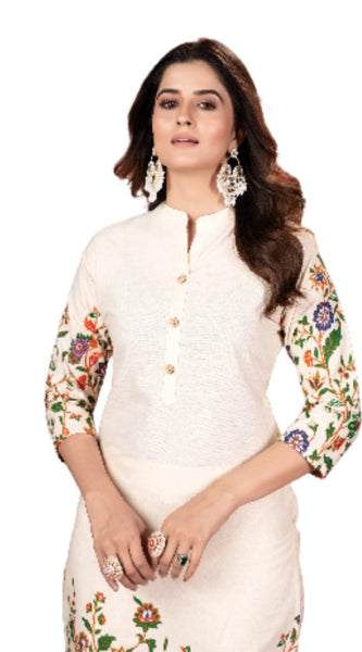Mayawye Women's Cotton Printed 3/4th Sleeve Kurti With Pant (Cream )