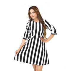 Mayawye Women's Crep Striped Short Sleeve Dress (Black-White )