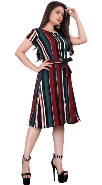 Mayawye Women's Crep Striped Short Sleeve Dress (Red-Blue )