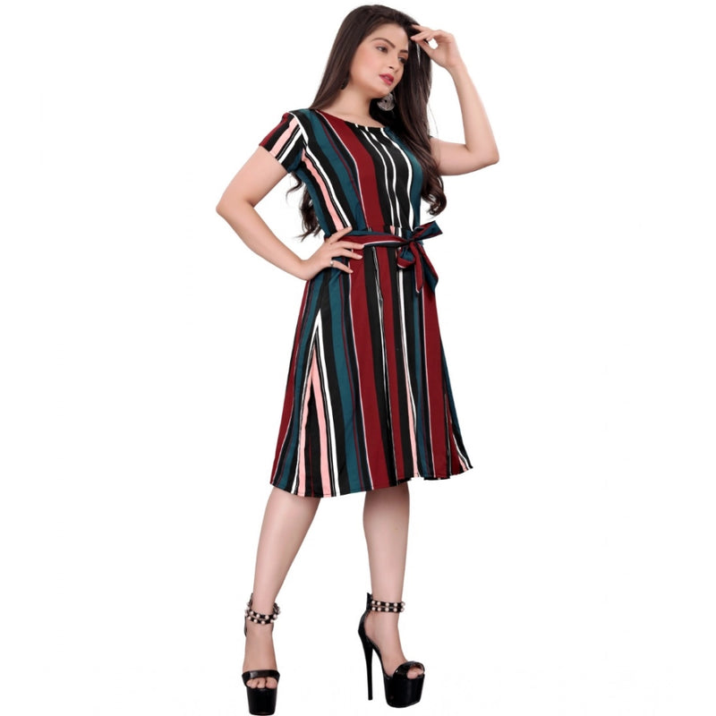 Mayawye Women's Crep Striped Short Sleeve Dress (Red-Blue )