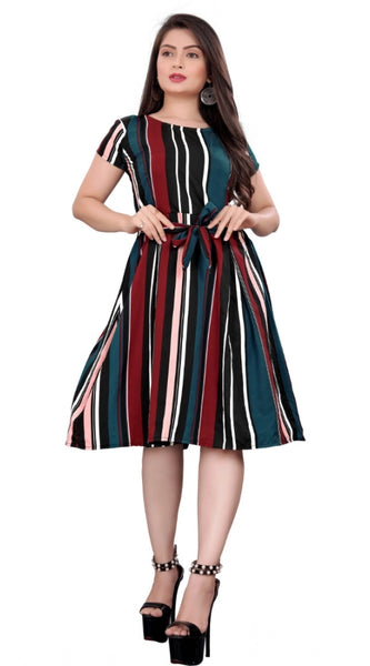 Mayawye Women's Crep Striped Short Sleeve Dress (Red-Blue )