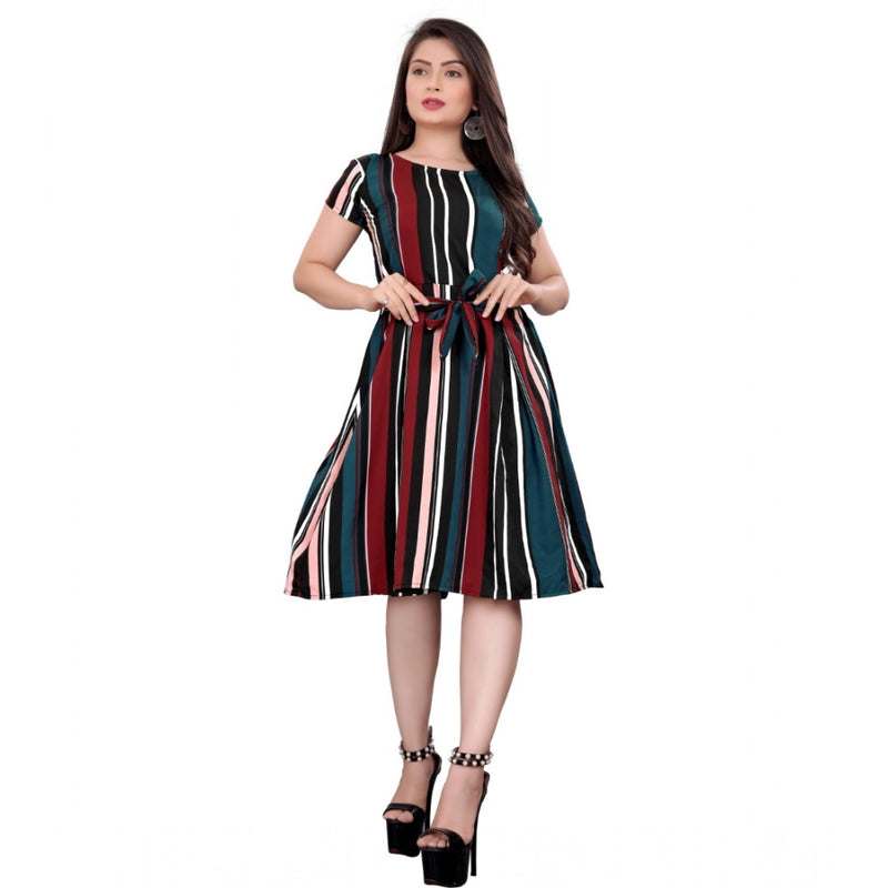 Mayawye Women's Crep Striped Short Sleeve Dress (Red-Blue )