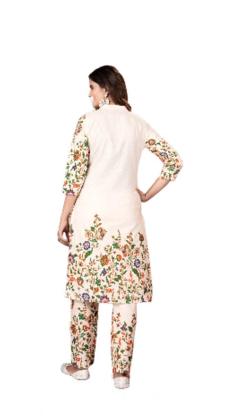 Mayawye Women's Cotton Printed 3/4th Sleeve Kurti With Pant (Cream )
