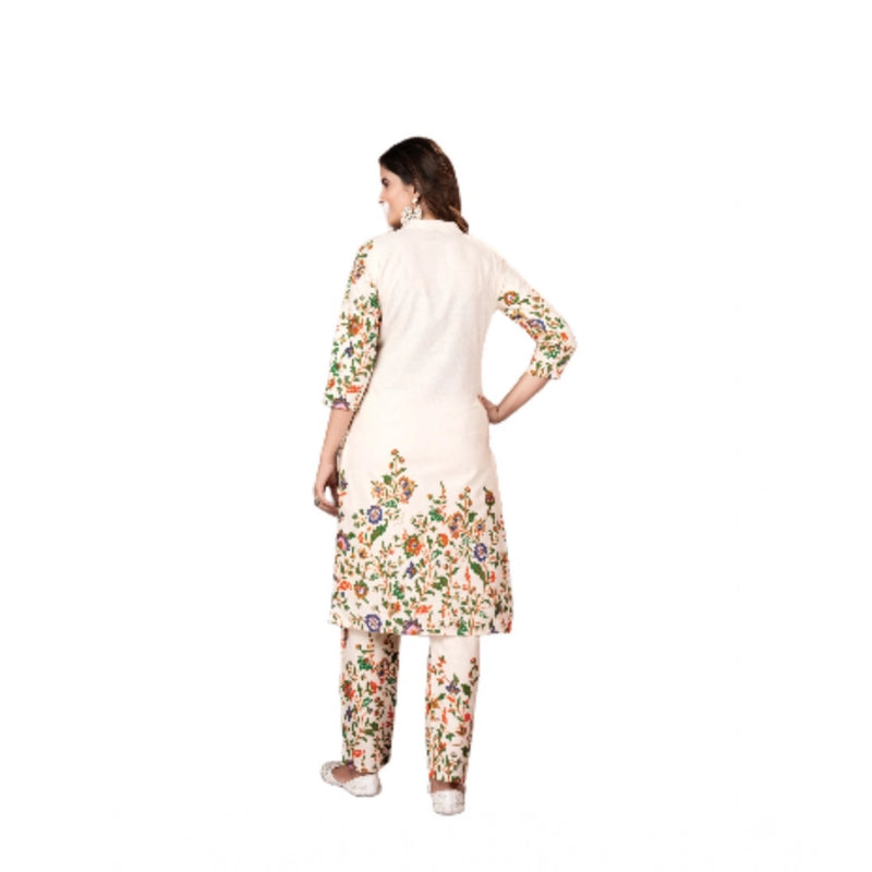 Mayawye Women's Cotton Printed 3/4th Sleeve Kurti With Pant (Cream )