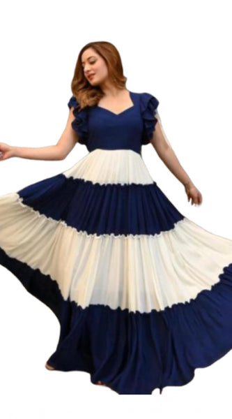 Mayawye Women's Georgette Solid Half Sleeve Gown (Blue-White)