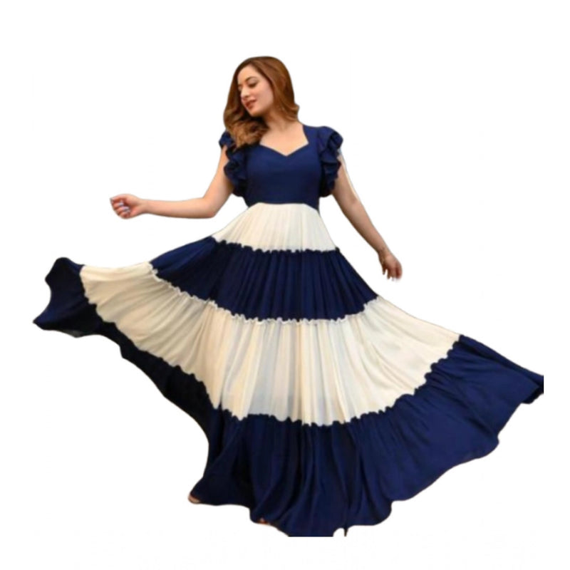 Mayawye Women's Georgette Solid Half Sleeve Gown (Blue-White)