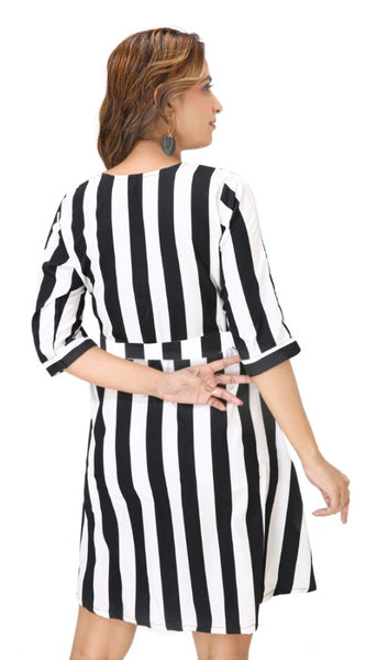 Mayawye Women's Crep Striped Short Sleeve Dress (Black-White )