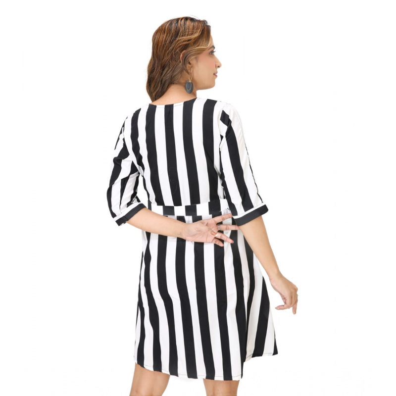 Mayawye Women's Crep Striped Short Sleeve Dress (Black-White )