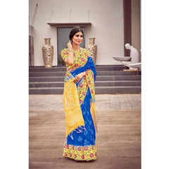 Mayawye Women's Cotton Blend Printed Saree With Unstitched Blouse (Blue, 5-5 Mtrs)