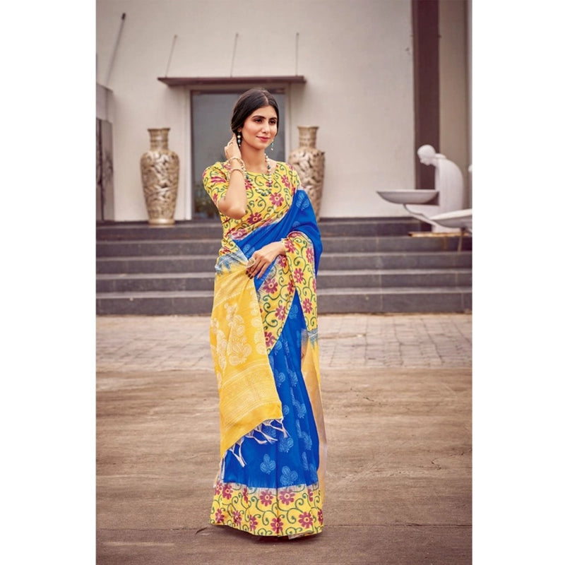 Mayawye Women's Cotton Blend Printed Saree With Unstitched Blouse (Blue, 5-5 Mtrs)