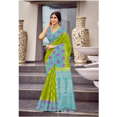 Mayawye Women's Cotton Blend Printed Saree With Unstitched Blouse (Green, 5-5 Mtrs)