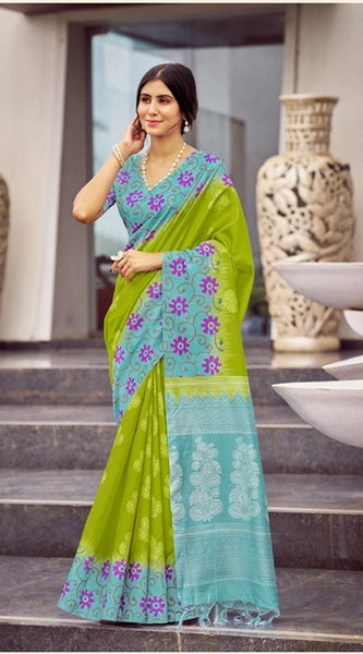 Mayawye Women's Cotton Blend Printed Saree With Unstitched Blouse (Green, 5-5 Mtrs)